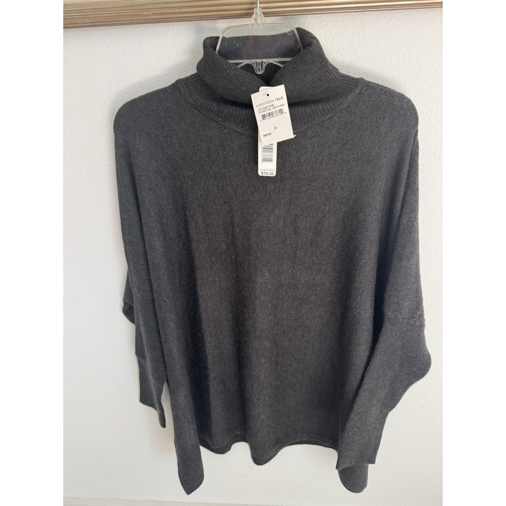 NWT Joseph A. Turtleneck Sweater Poncho Ruffle Hem Buttons Rayon Charcoal Sz M - Picture 2 of 10